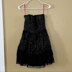 Betsey Johnson SZ 4 Pink Label Formal Black Dress Strapless Ruffle Tulle Sequin
